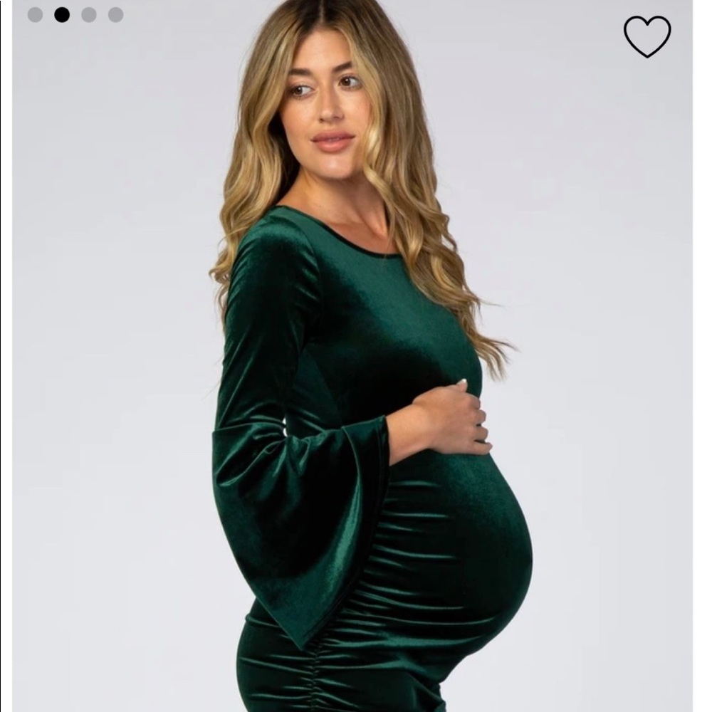NEW PinkBlush Maternity Forest Green Velvet Ruched Bell Sleeve Dress